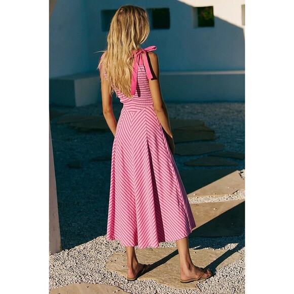 Free People Free-Est Cecelia Midi Dress Striped Printed Smocked Cotton L 286334 - Picture 2 of 8